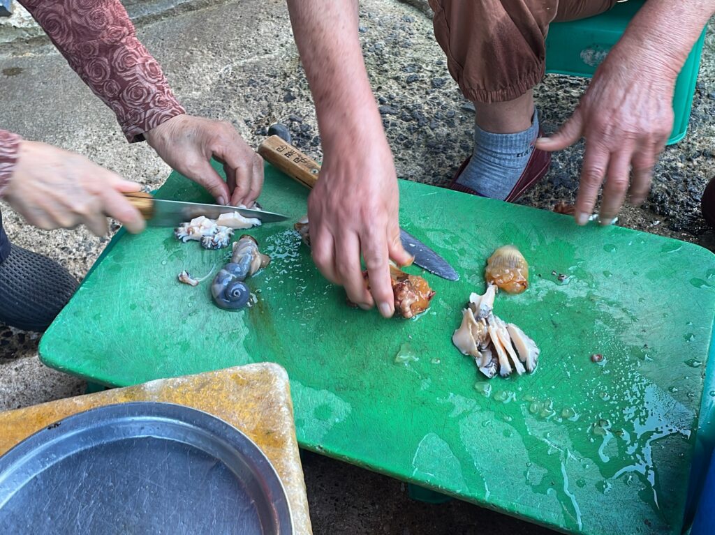 海女合力處理海鮮，準備料理。（韓國濟州城山）