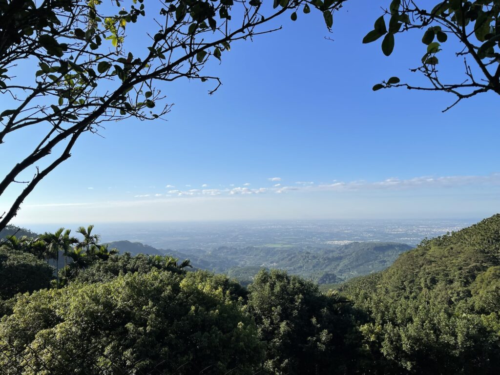 山上遠觀藍天、白雲和山谷。（古坑）