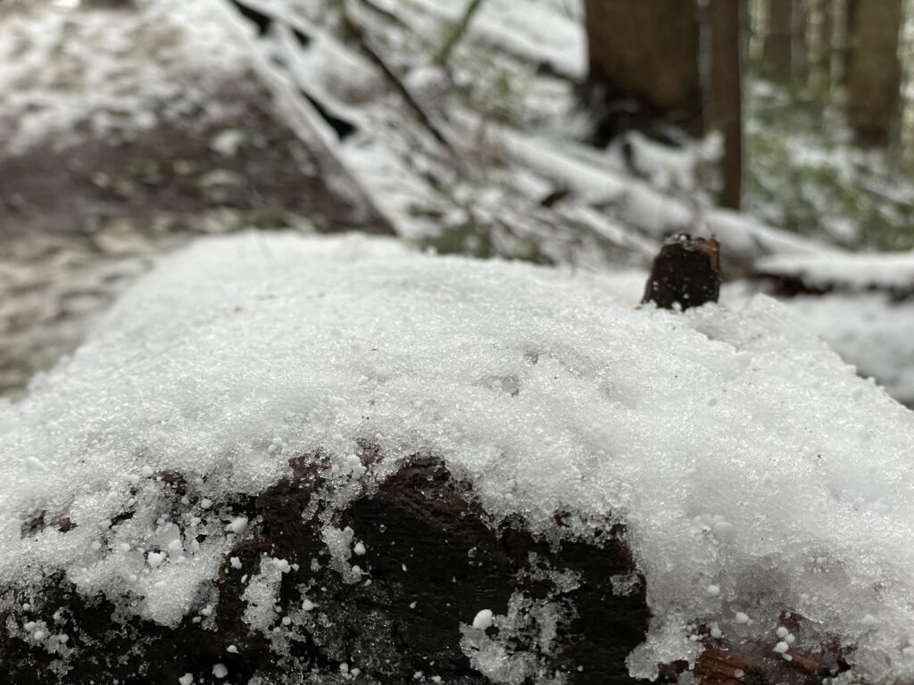 雪堆積在岩石上。