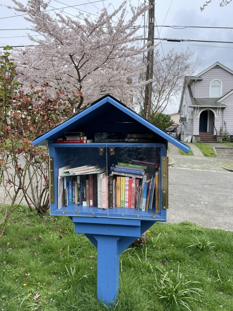 色彩鮮艷、屋頂部份附設置物空間的Little Free Library小書屋。